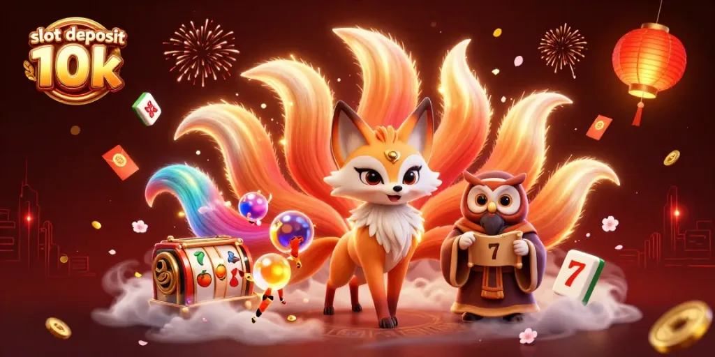 Experience the excitement of slot deposit 10k with a vibrant 3D casino scene filled with whimsical characters and game elements.