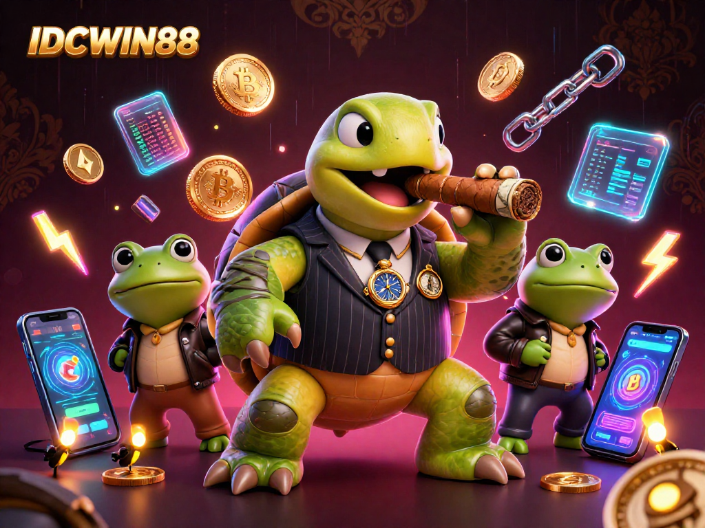 Experience thrilling gameplay with IDCWIN88 featuring a mobster turtle and his bullfrog enforcers.
