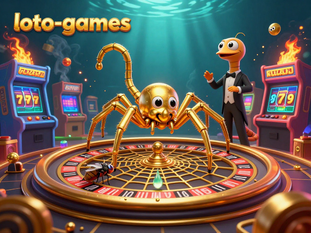 Engage with loto-games at the casino with a golden spider and slot reels in a dynamic gaming scene.