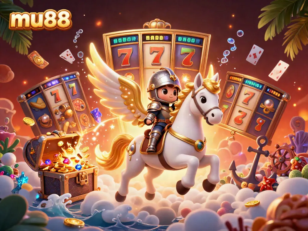 Engage with mu88's exciting online casino atmosphere through a vibrant 3D scene of a celestial horse and knight.