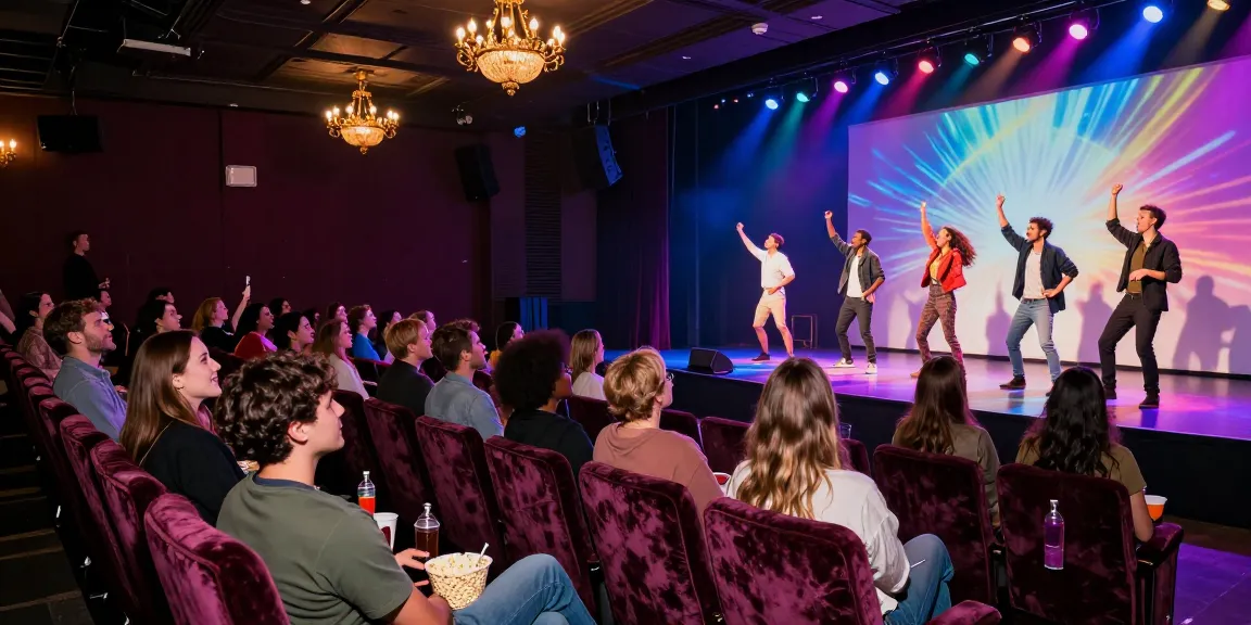 Engaged audience at a modern theatre show enjoying rokok88 super entertainment experience.