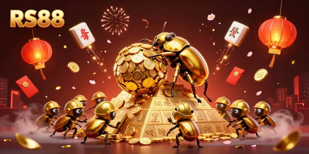 Engaging RS88 illustration of a golden beetle and coins, symbolizing casino excitement.