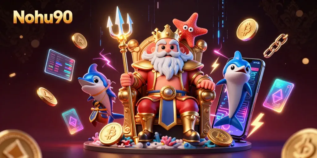 Nohu90 showcases vibrant casino energy with Neptune and dazzling gaming elements in a stunning 3D scene.