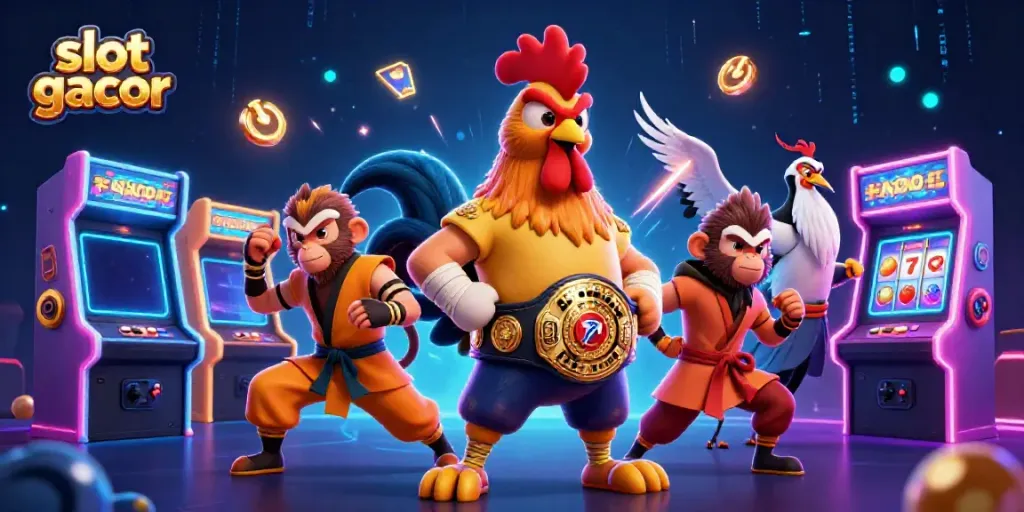 Experience the thrill of slot gacor with dynamic characters and casino elements in an engaging illustration.