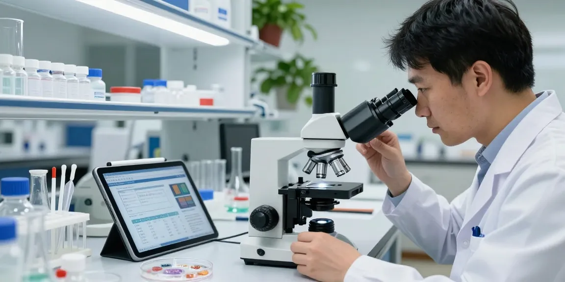 Copper peptide research analysis in a modern lab with a researcher using a microscope and petri dish.