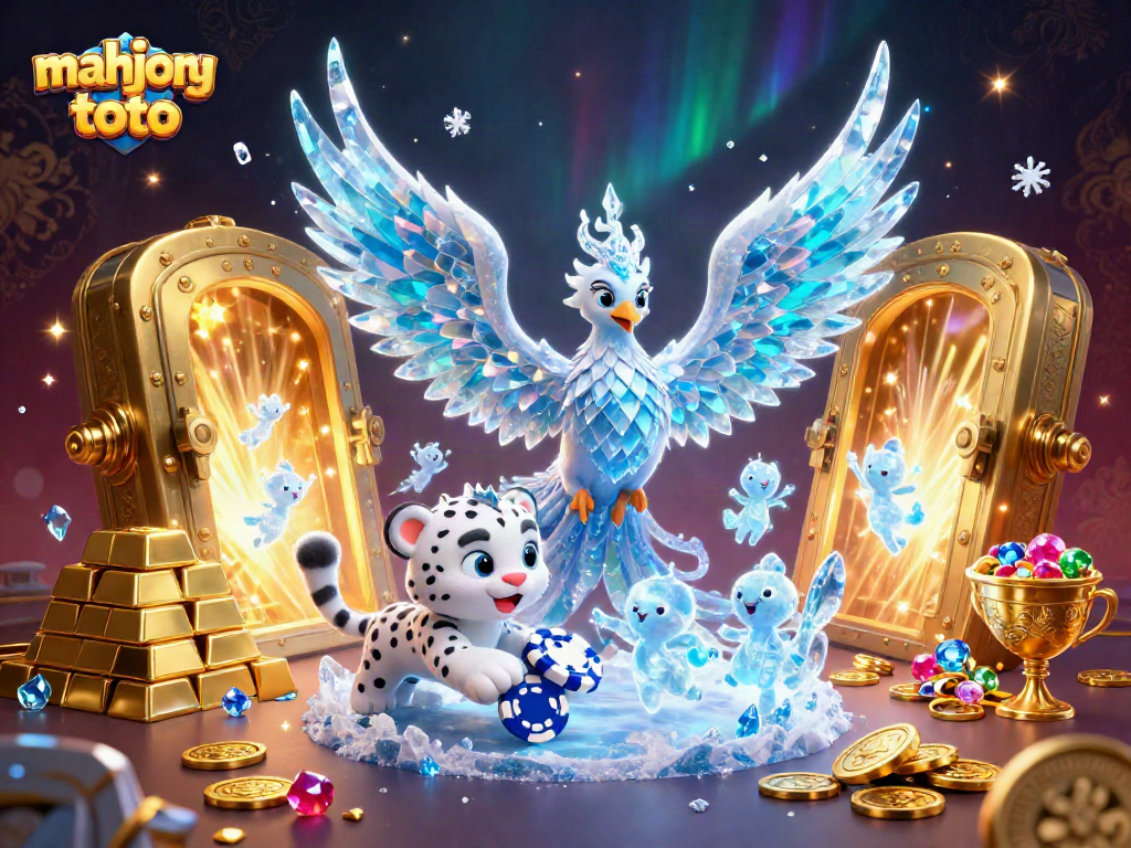 Play mahjong toto in an exciting 3D illustration featuring an ice phoenix, snow leopard cub, and glowing sprites.