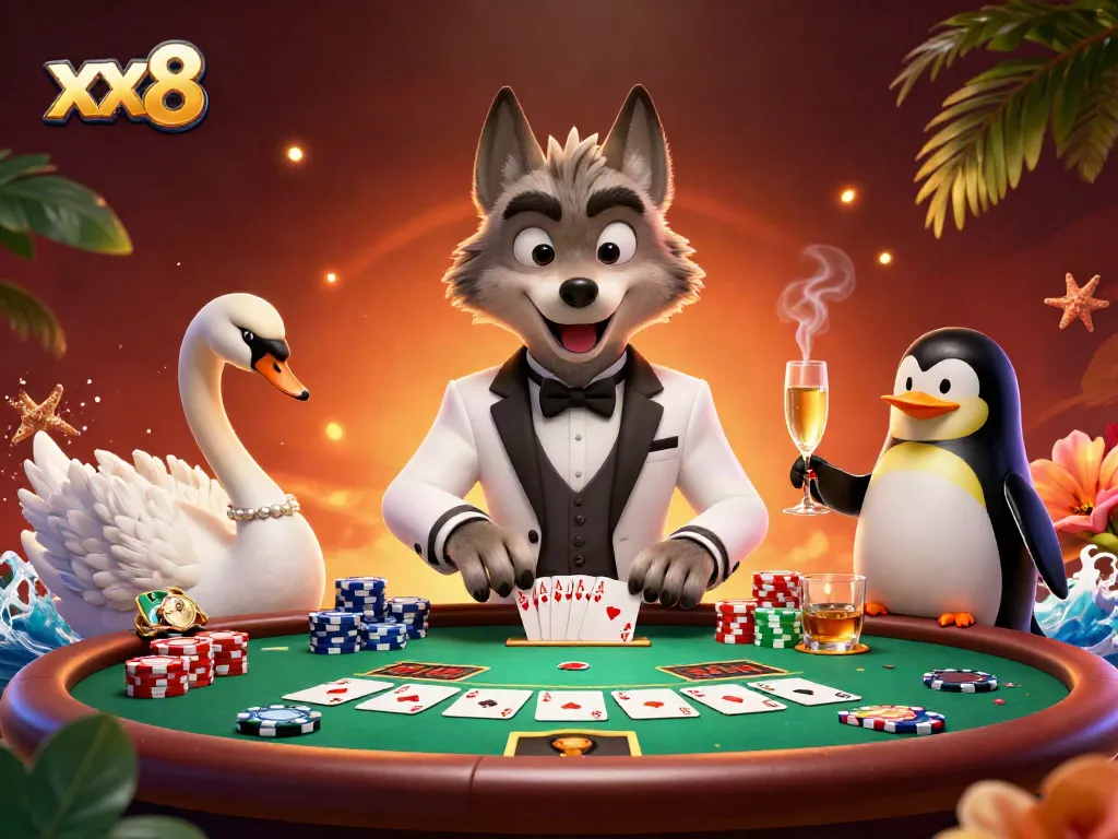Experience high-stakes gaming with xx8, featuring a dynamic baccarat scene with vibrant characters and rich casino elements.