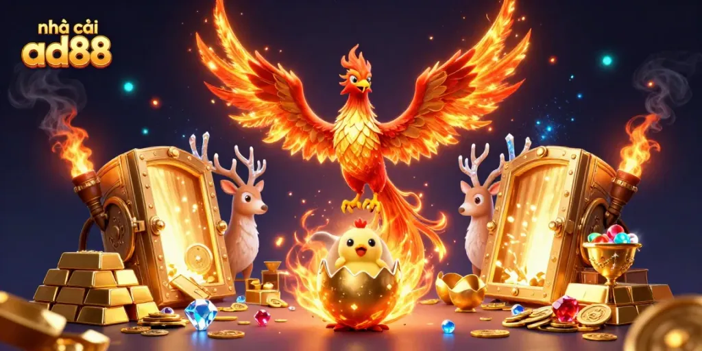 Experience thrilling moments at nhà cái ad88 with a captivating illustration of a phoenix and treasure.