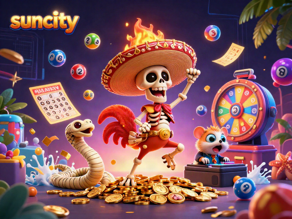 Engage with suncity's vibrant 3D casino scene of lively characters amidst lottery excitement.
