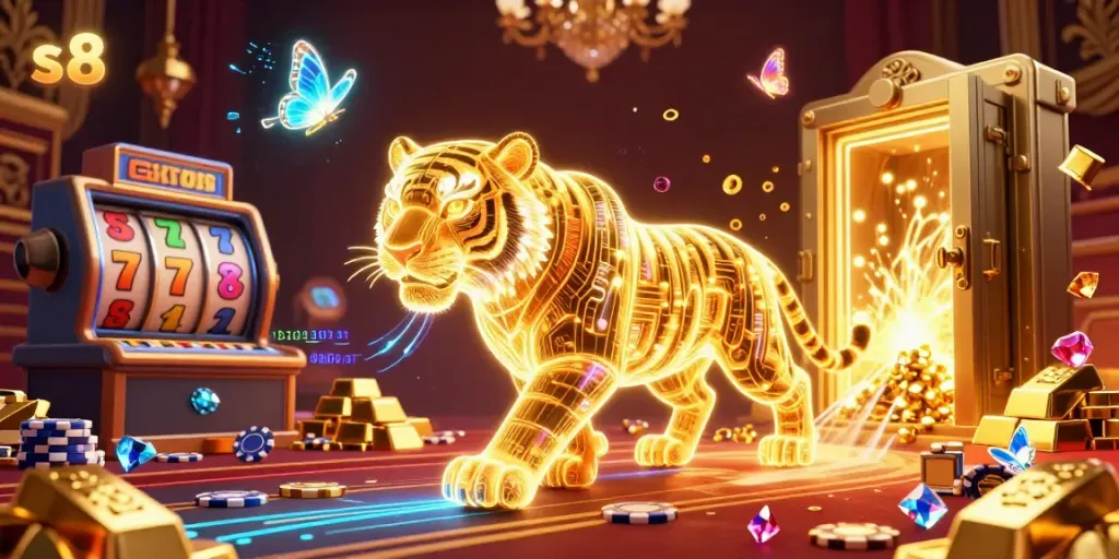 S8 captivates players with a dynamic digital casino scene showcasing a golden tiger and neon elements.