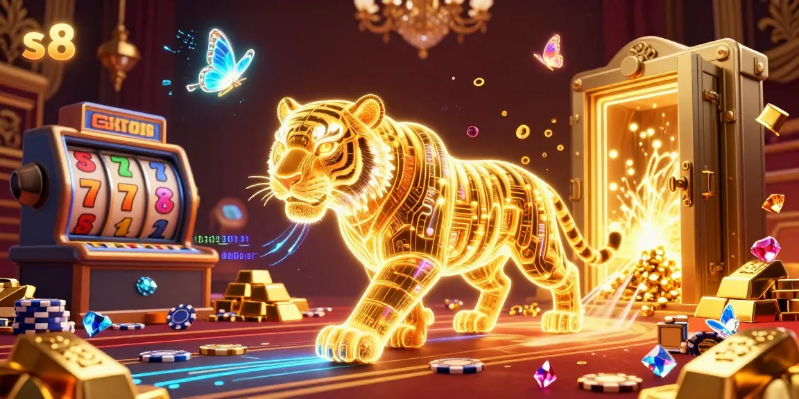 S8 captivates players with a dynamic digital casino scene showcasing a golden tiger and neon elements.