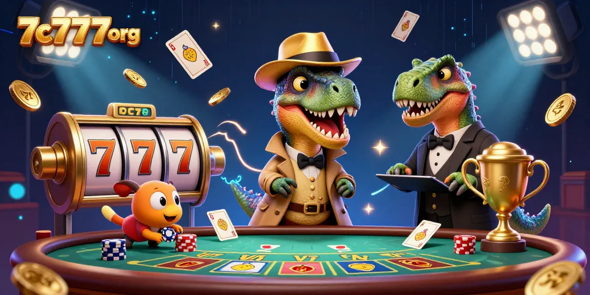 Experience casino excitement with lively velociraptor and stegosaurus characters in the 7c777 org vibrant illustration.