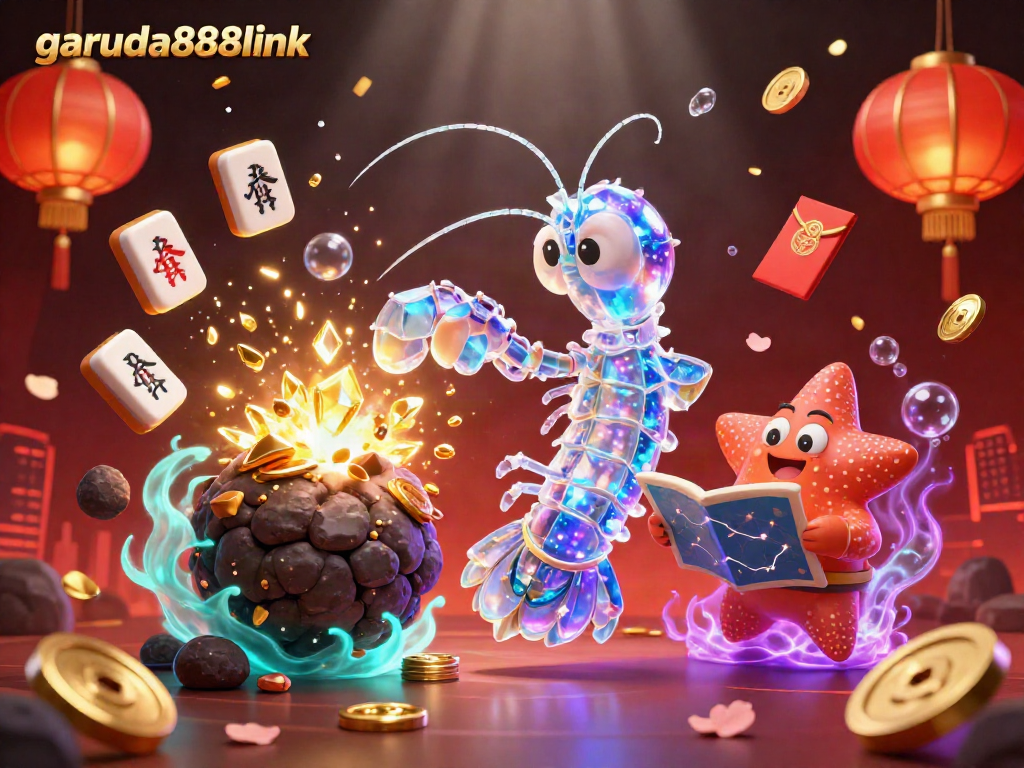 Experience the excitement of garuda888link in a vibrant 3D casino scene filled with gems, coins, and festive symbols.
