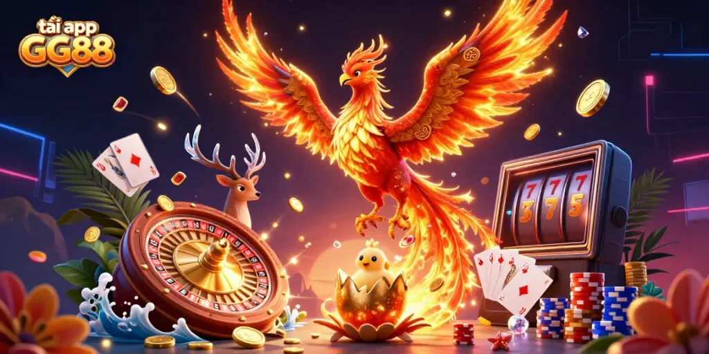 Experience the excitement of gambling as you tải app GG88 and engage with vibrant characters amidst cascading coins and jewels.