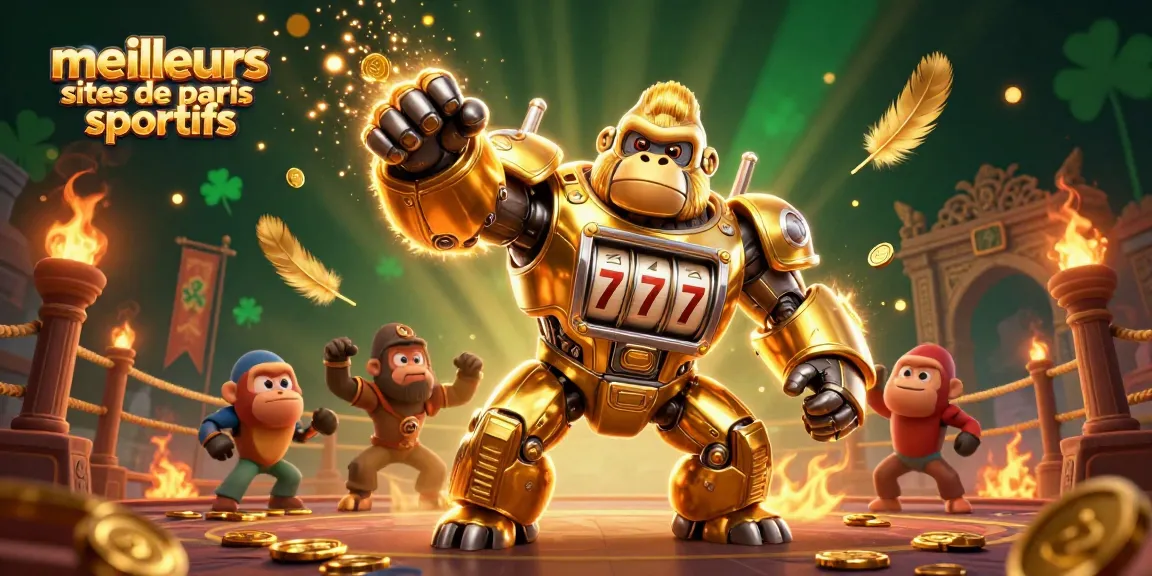 Gagnez avec les meilleurs sites de paris sportifs : illustration dynamique d'un gorille mech en forme de machine à sous.