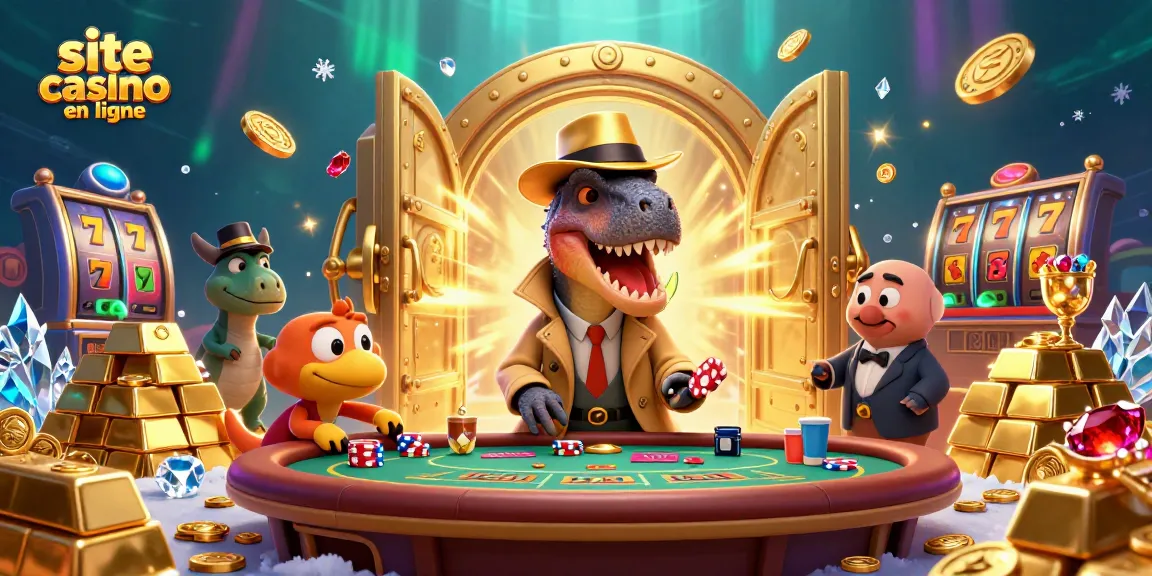 Le site casino en ligne propose une scène animée avec un velociraptor au blackjack entouré de pierres précieuses et de trésors.