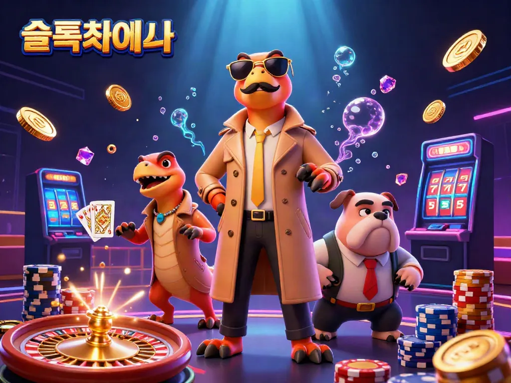 Experience the excitement of 슬롯사이트 with raptors in a trench coat entering a VIP casino, amidst golden coins and dazzling gems.