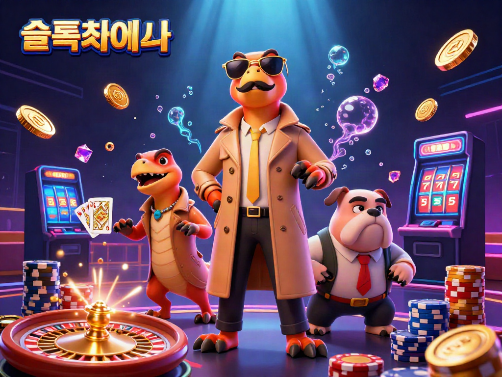 Experience the excitement of 슬롯사이트 with raptors in a trench coat entering a VIP casino, amidst golden coins and dazzling gems.