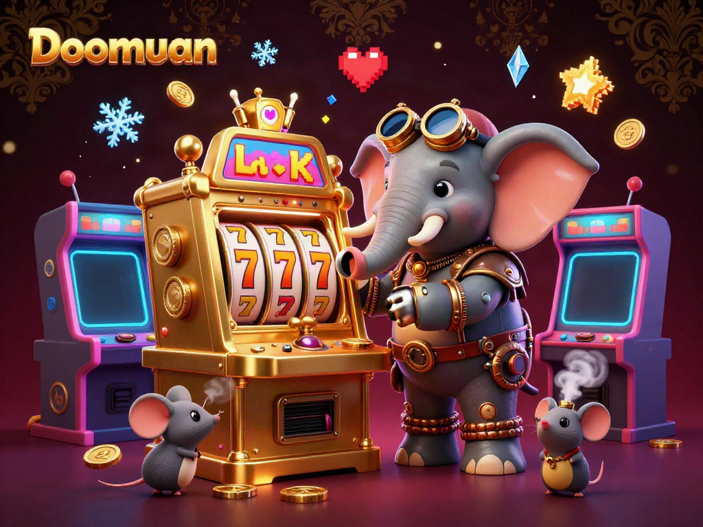 Doomuan features a lively steampunk elephant engineer operating a golden slot machine in a vibrant arcade environment.