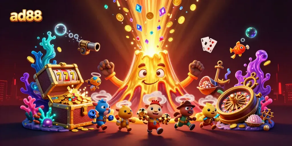 Win big with ad88's captivating casino adventure featuring a golden erupting volcano and treasure-filled chests.