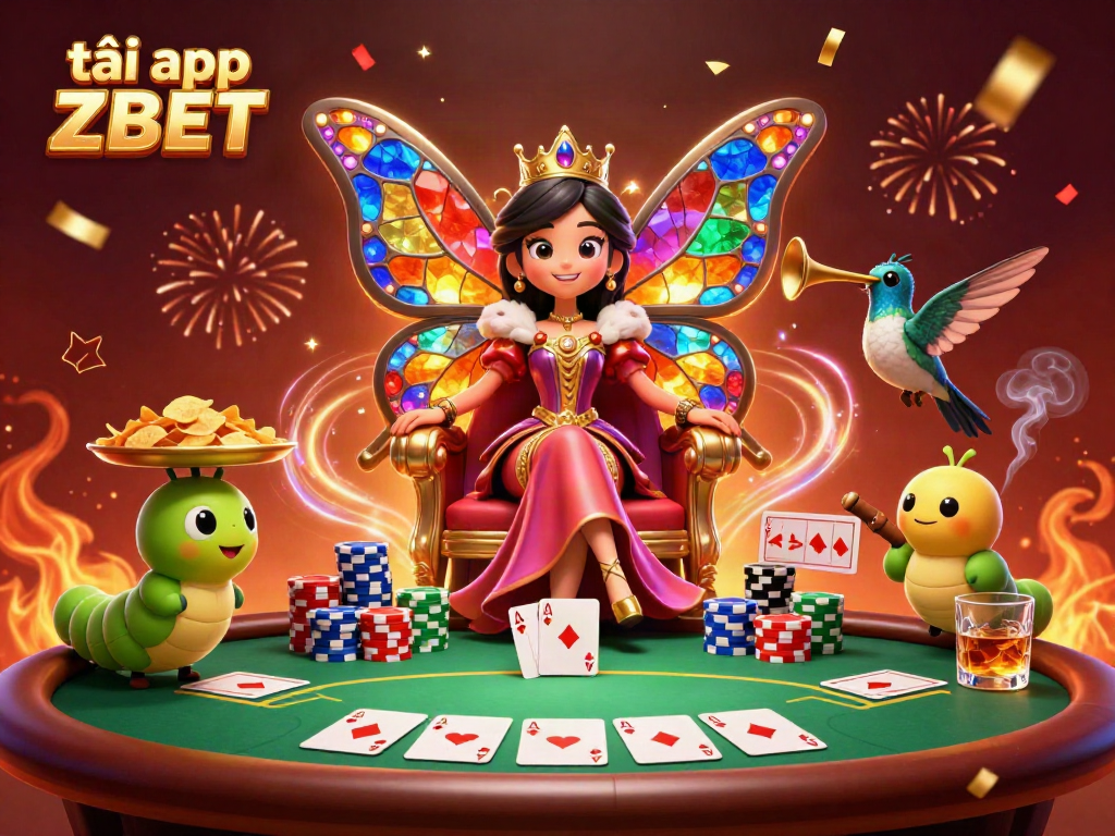 Experience the excitement of tải app ZBET in a vibrant casino scene with a butterfly queen and poker elements.