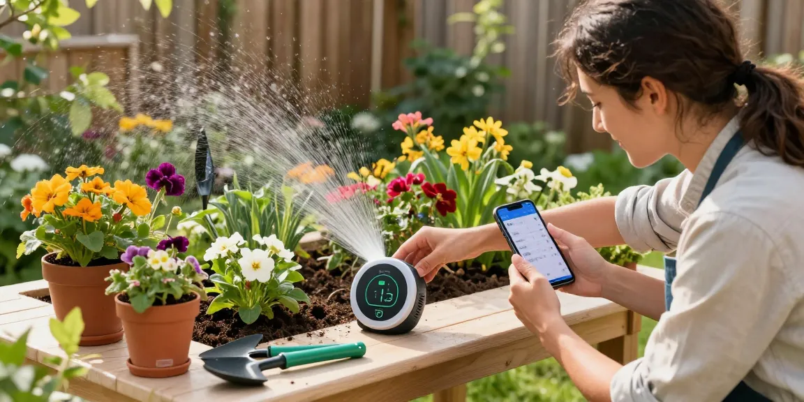 Gardener using rainpoint wifi water timer to automate watering in a vibrant home garden.