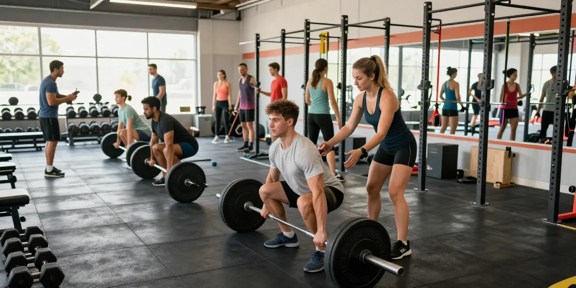 Astera Shop: Dynamic fitness scene with athletes engaging in weight training at a modern gym, showcasing energy and community.
