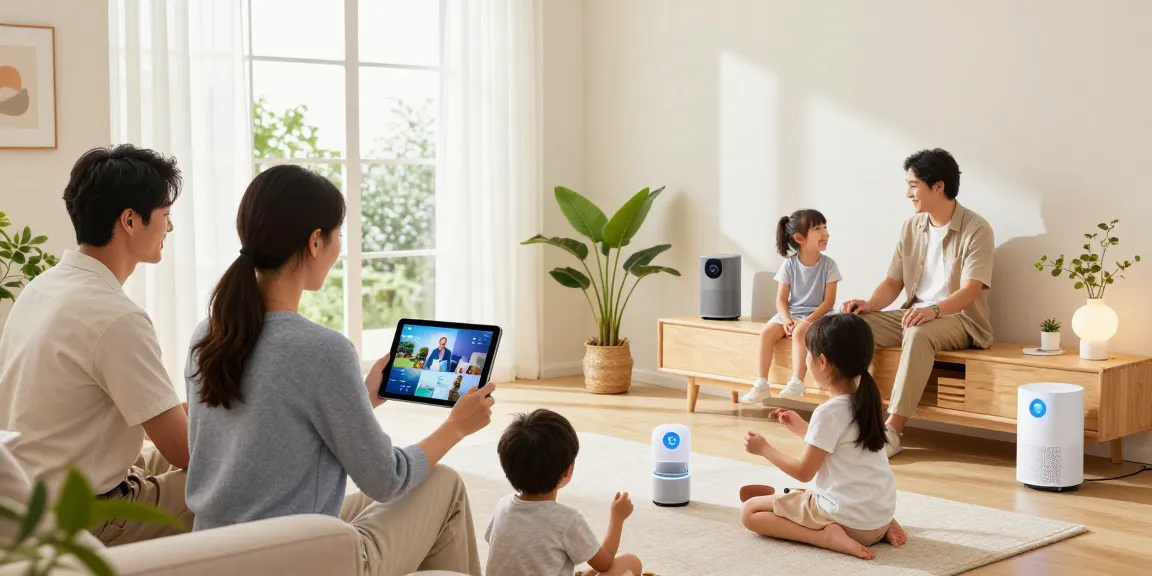 Family enjoying a smart home environment with smart home gadgets enhancing their daily activities.