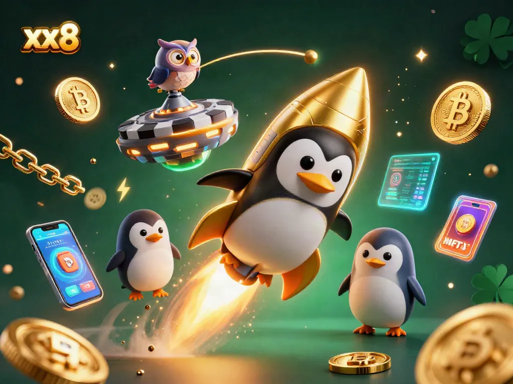 xx8 depicts a thrilling 3D scene of a golden penguin racing to a casino, surrounded by exciting gambling elements.