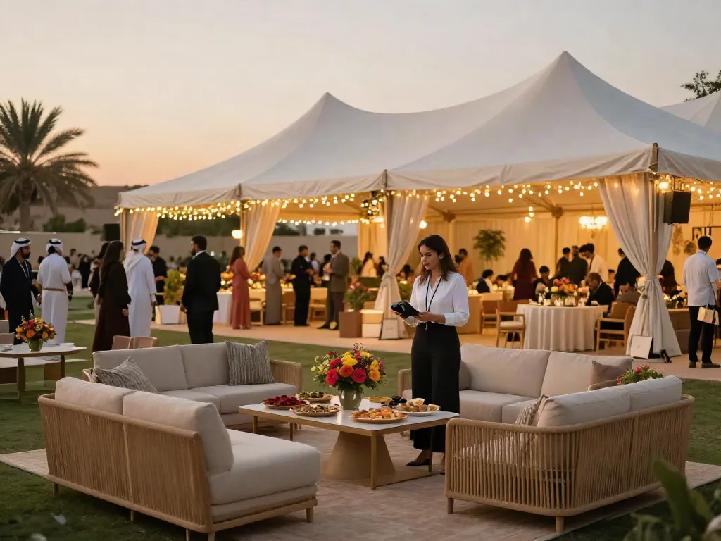 Event rental ksa showcasing premium outdoor setup with elegant tents and stylish furniture.