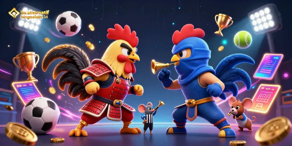 Gambaran ilustrasi 3D yang menonjolkan duel antara ayam jantan dalam konteks link alternatif bingoslot88
