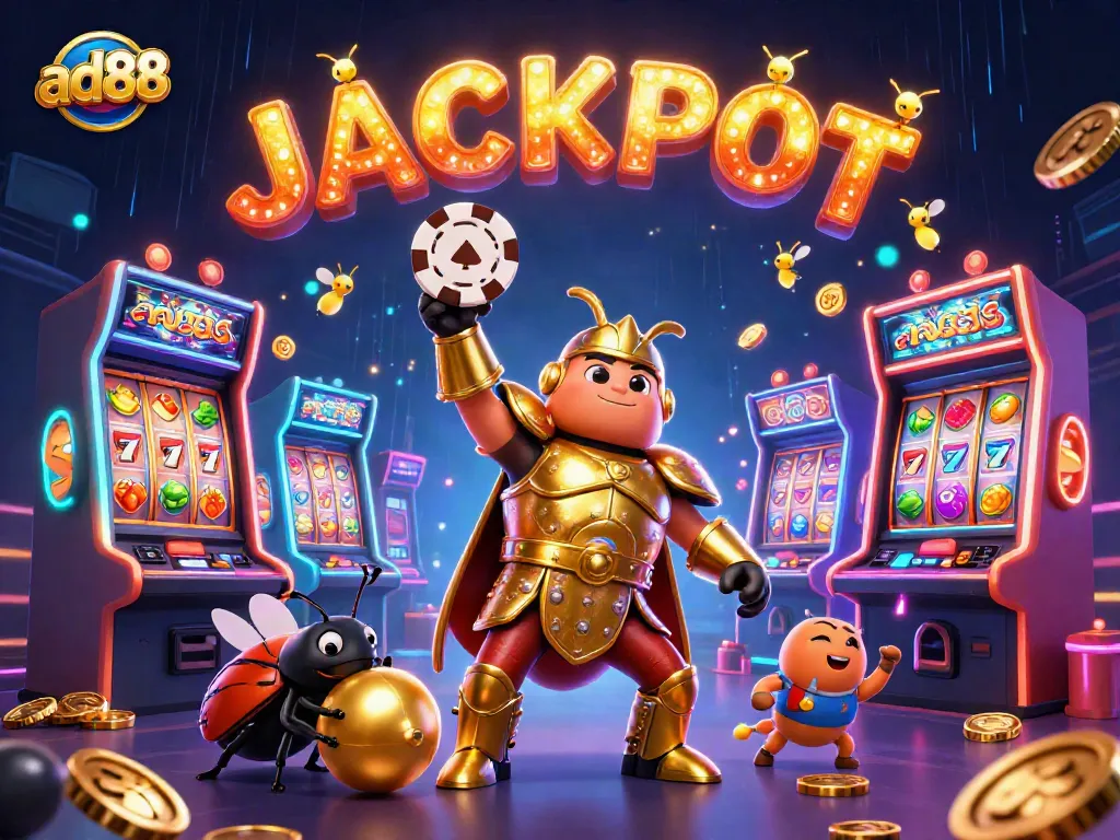 Spin and win at ad88 with vibrant 3D casino illustration featuring amazing characters and gaming elements.