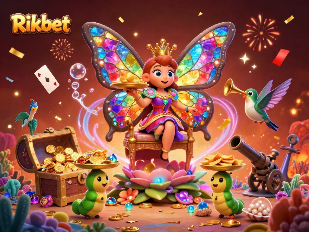 Experience the excitement of Rikbet with vibrant 3D casino elements, showcasing a butterfly queen and dynamic gameplay.
