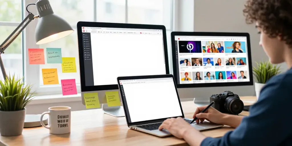 Content creator using an AI Pinterest descriptions generator in a vibrant digital workspace.