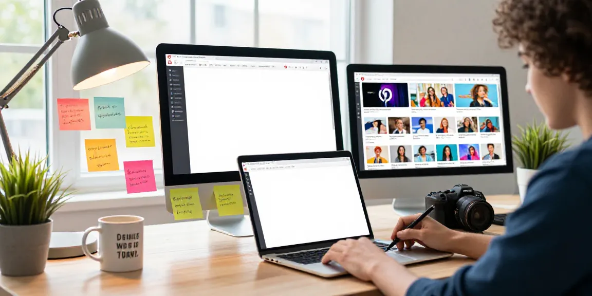Content creator using an AI Pinterest descriptions generator in a vibrant digital workspace.