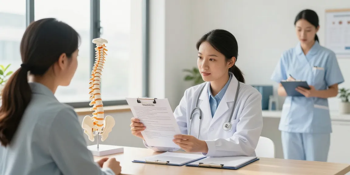 Patient consultation on Bel kayması ameliyatı with a healthcare professional in a modern clinic.