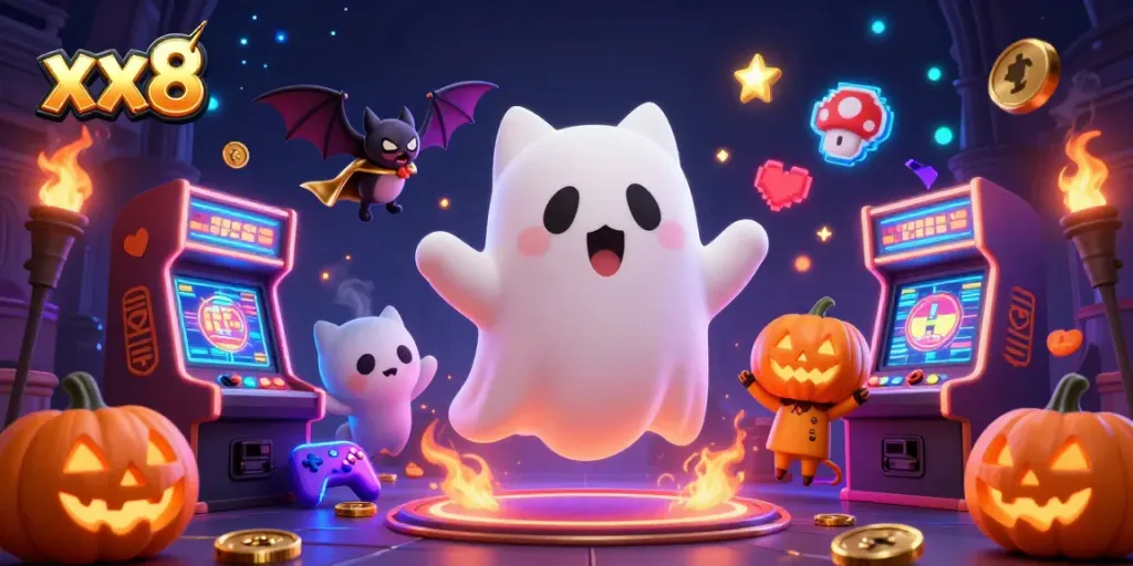 Engage with xx8's vibrant casino atmosphere featuring a ghost cat and bat as they play among glowing machines.