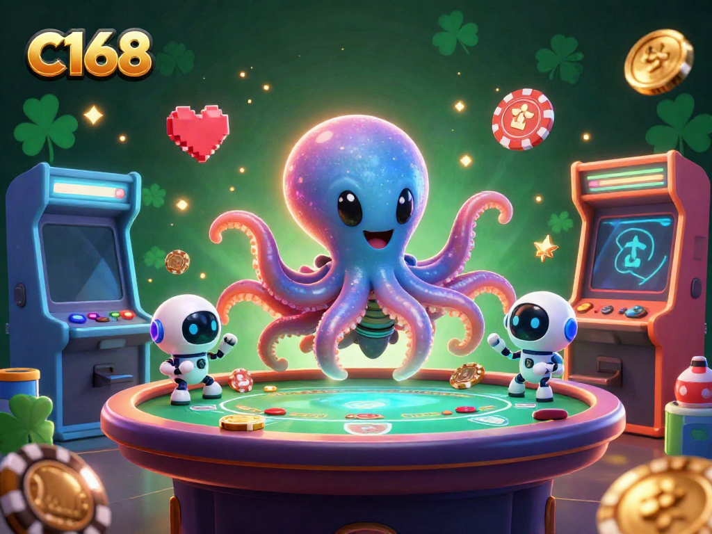 Engage with C168's thrilling gambling scene featuring an alien octopus at a holographic poker table.