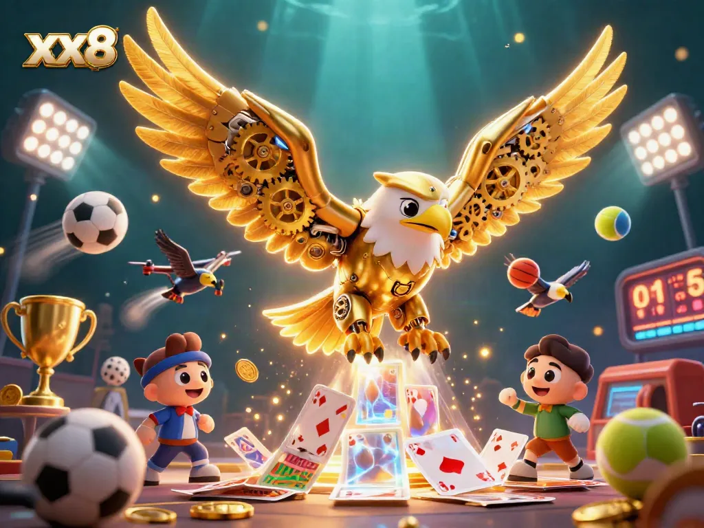 Engage in thrilling gaming action at xx8 with a cybernetic eagle surrounded by dynamic casino elements.