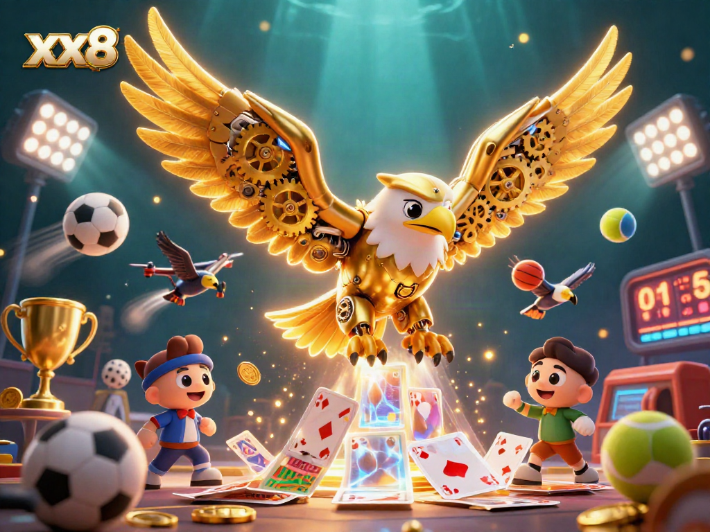 Engage in thrilling gaming action at xx8 with a cybernetic eagle surrounded by dynamic casino elements.