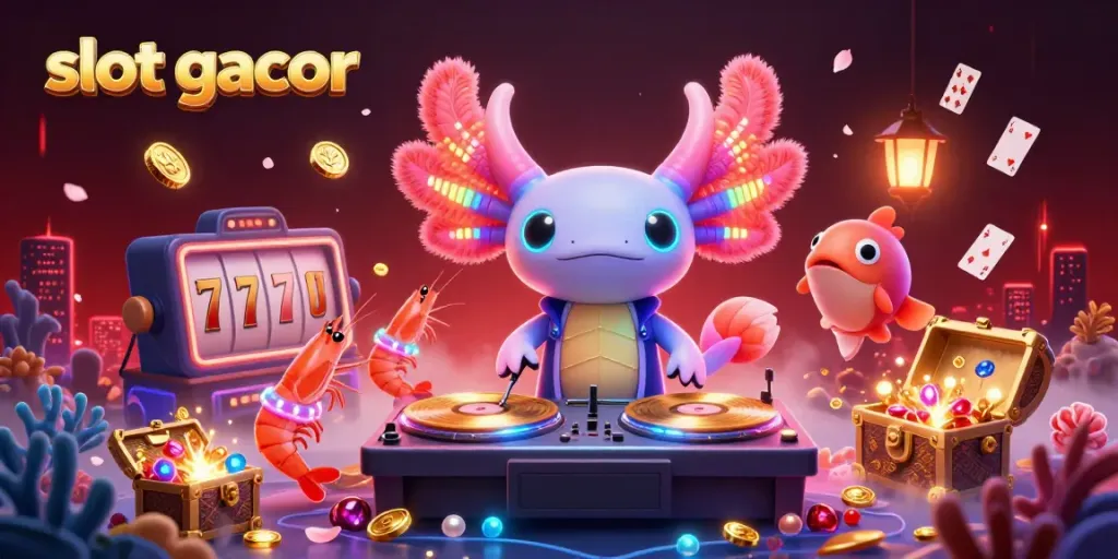 Slot gacor yang menggoda dengan DJ axolotl neon yang bersemangat dan elemen kasino berwarna-warni.