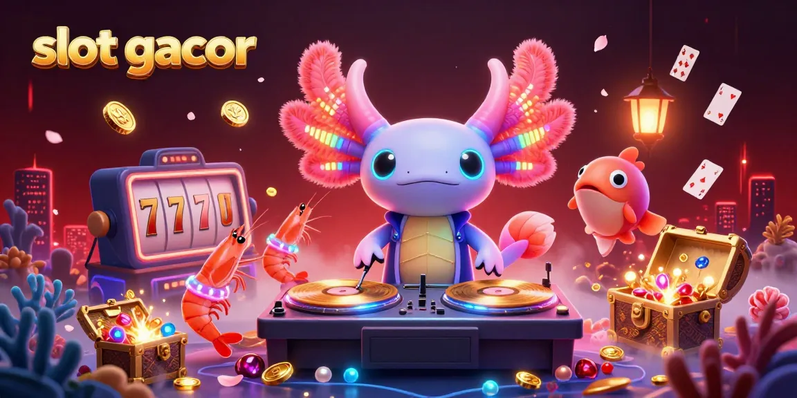 Slot gacor yang menggoda dengan DJ axolotl neon yang bersemangat dan elemen kasino berwarna-warni.