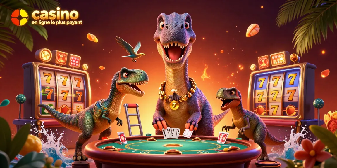 Scène animée d'un brontosaurus surplombant un casino, mettant en avant le casino en ligne le plus payant.