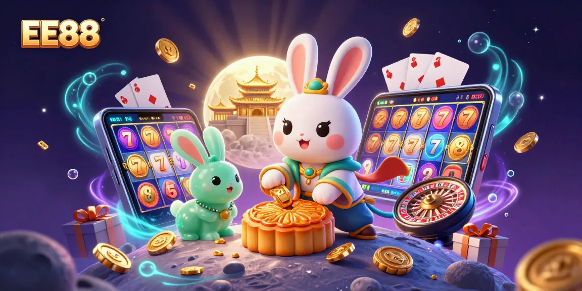 Experience the excitement of EE88 with a 3D illustration showcasing lucky moon rabbits in a dynamic casino scene.