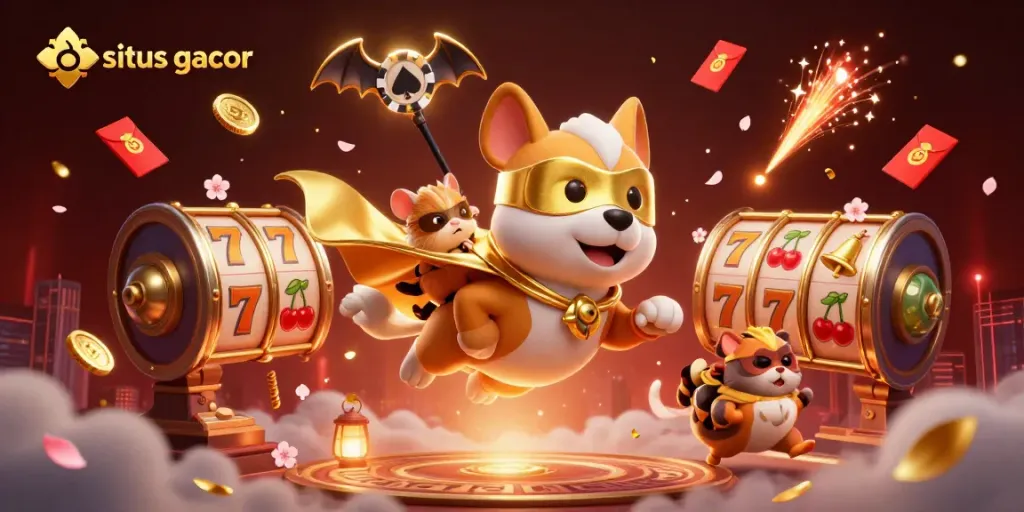 Experience the excitement of situs gacor with a heroic dog flying through a vibrant casino world.