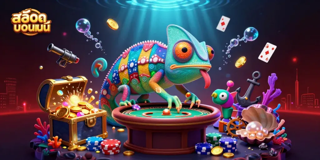 Experience thrilling สล็อตออนไลน์ play with an imaginative casino world and cartoon chameleon owner.