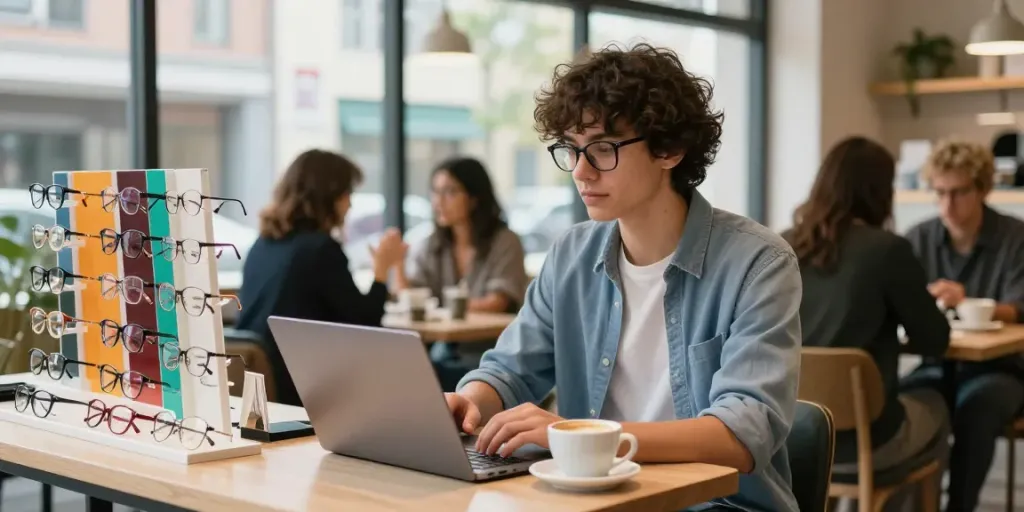 Jovem usando óculos de grau modernos em café com laptop e café.