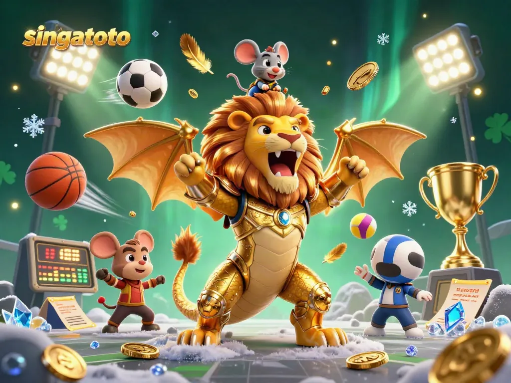 Win big with singatoto in a dynamic scene of a triumphant chimera and sports elements.