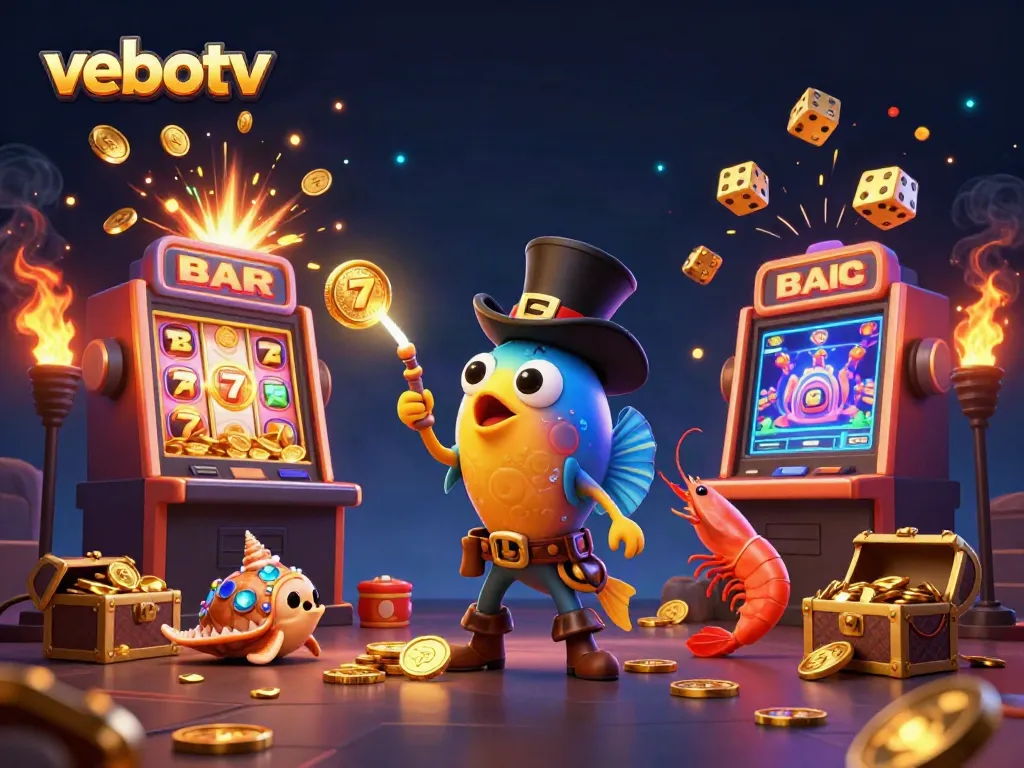 Watch thrilling action on vebotv as a cartoon anglerfish attracts golden coins in a vibrant casino scene.