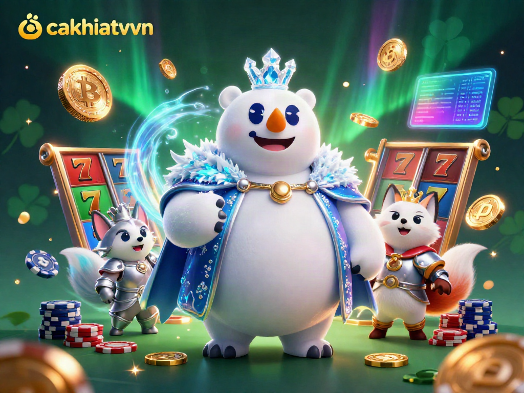 Cakhiatvvn showcases a dynamic slot-themed casino scene with vibrant characters and crypto elements.